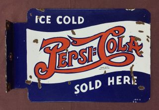 Vintage Ice Cold Pepsi - Cola 14½” X10” Double Sided Flange Porcelain Enamel Sign