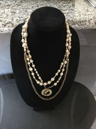 Vintage Signed Miriam Haskell Faux Baroque Pearl & Seed Bead Necklace