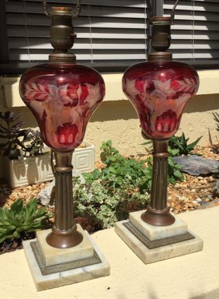 Antique Pr Ruby Cut To Clear Oil Lamps Brass Column & Marble Base / Gorgeous