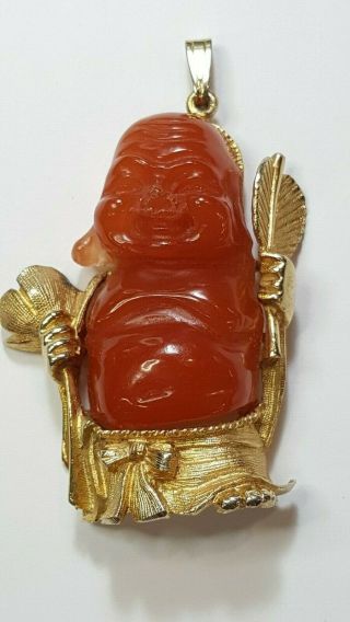 Vintage Faux Carnelian Happy Buddha Goldtone Costume Jewelry Large Pendant