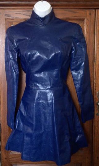 Vintage 1980s Michael Hoban North Beach Leather Long Sleeve Blue Dress Sz 3/4