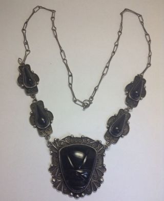Vintage Zuni Connie Hattie Sterling Silver Onyx Necklace Sz 24.  5 " N24