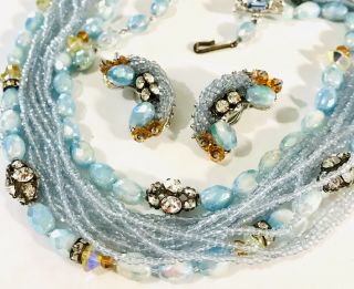 Vintage By Robert Glass Beads Rhinestone Multi Strand Necklace Demi Set