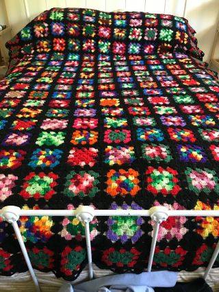 Gorgeous Hand Crocheted Wool Granny Square Afghan 60” X 90” Multi - Color W/black