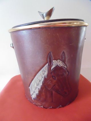 Vintage Ice Bucket /covered In Leather /embossed Hand Painted Horse Heat Usa