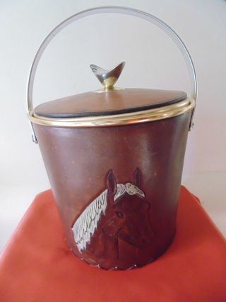 VINTAGE ICE BUCKET /COVERED IN LEATHER /EMBOSSED HAND PAINTED HORSE HEAT USA 2