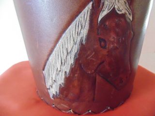VINTAGE ICE BUCKET /COVERED IN LEATHER /EMBOSSED HAND PAINTED HORSE HEAT USA 3