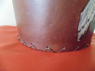 VINTAGE ICE BUCKET /COVERED IN LEATHER /EMBOSSED HAND PAINTED HORSE HEAT USA 5