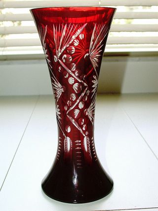 Vintage Ruby Red Cut To Clear Art Glass Vase