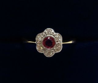 Antique Ruby And Diamond Cluster Ring 18ct Yellow Gold And Platinum - Size M