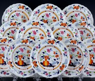 Rare Set 12 C1830 English Porcelain Japan Imari Pattern Soup Bowls Plates Spode