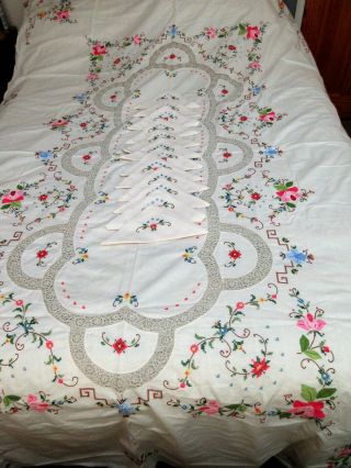 Vintage Hand Embroidered Crochet Lace Applique Tablecloth 12 Napkins 100x64 "