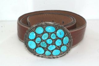 Vintage Signed Aw American Indian Sterling Silver Turquoise Buckle 40 Belt
