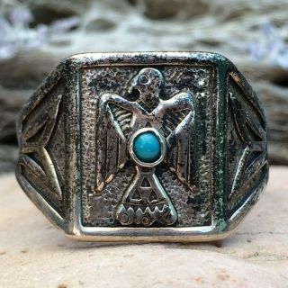 Vntg Large Navajo Sterling Silver Turquoise Thunderbird Old Pawn Ring Sz 14.  5