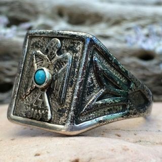 VNTG LARGE NAVAJO STERLING SILVER TURQUOISE THUNDERBIRD OLD PAWN RING SZ 14.  5 2