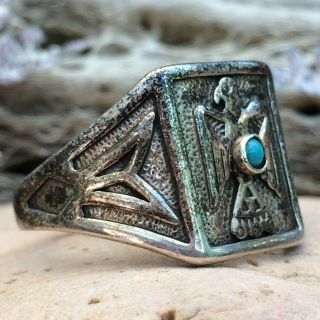 VNTG LARGE NAVAJO STERLING SILVER TURQUOISE THUNDERBIRD OLD PAWN RING SZ 14.  5 3