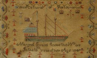MID 19TH CENTURY WELSH SAILING SHIP SAMPLER BY MARGRET EVANS AGED 13 - 1847 8