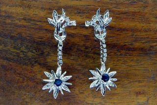 Vintage Palladium Art Deco Antique Diamond Sapphire Dangling Drop Earrings