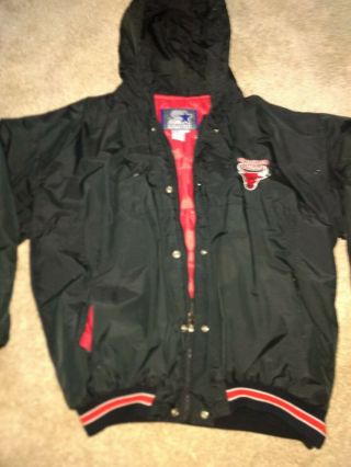 Mens Vintage Starter Chicago Bulls Black Red Hooded Winter Parka Jacket Sz L
