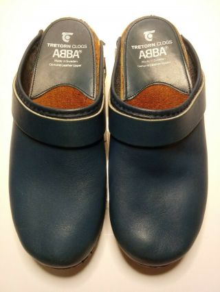 RARE ABBA TRETORN Wooden Clogs Blue Leather Vintage 1970 ' s Sweden Sz 37 US7 - 7.  5 2