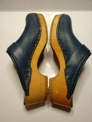 RARE ABBA TRETORN Wooden Clogs Blue Leather Vintage 1970 ' s Sweden Sz 37 US7 - 7.  5 5