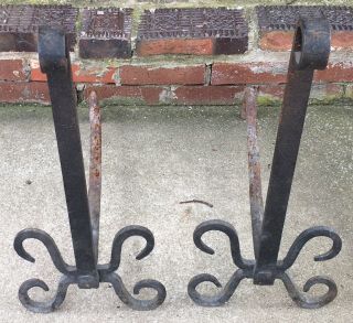 Huge Antique 18th 19th C Hand Forged Wrought Iron Andirons Hammered 22”