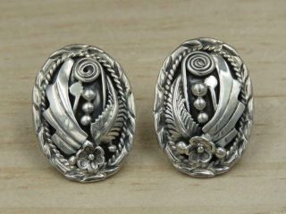 Vintage Old Pawn Navajo Sterling Silver Floral Squash Blossom Concho Earrings