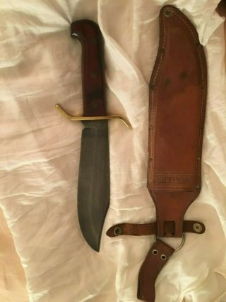 Vintage Large Western Bowie Knife Hunting W49 Leather Sheath Usa Collectible