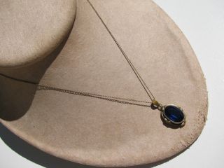 Antique Vtg.  Victorian Deco Cobalt Blue Facet Oval Stone 1/20 12k Chain Necklace