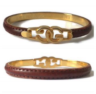 Gucci Authentic 24 Kt Gold Plated Vintage 70’s Leather Logo Bracelet