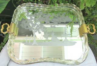 Vtg Murano Glass Twisted Gold Rope Vanity Tray W/ Silhouette Colonial Couple