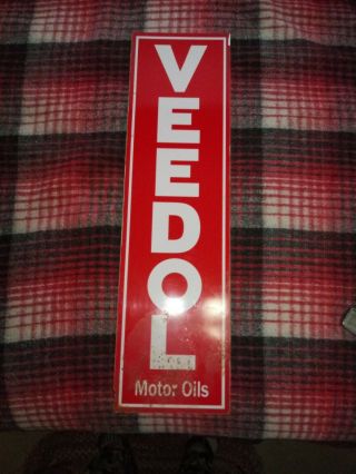 Vtg 36“ X 10 " Veedol Motor Oil Old Enamel Metal Sign Pump Gas Station Red White