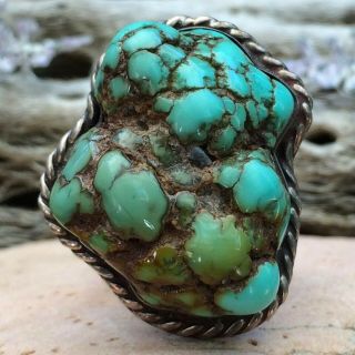 Vntg Large Navajo Sterling Silver Green Turquoise Nugget Old Pawn Ring Sz 7.  5