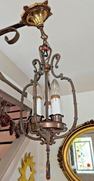 Antique Art Deco Gothic Cast Brass Chandelier Ceiling Light Fixture 20 