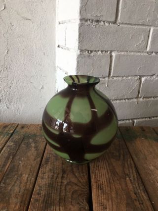 Vintage Green & Brown Art Glass Ball Vase Czechoslovakia Czech Signed