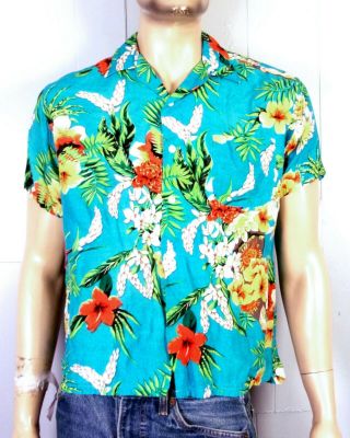 Vtg 50s Sears Japan 100 Rayon Hawaiian Floral Shirt Loop Collar Rockabilly Sz L