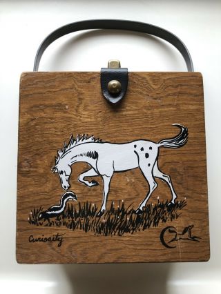 Vtg Enid Collins Of Texas Wooden Box Bag Purse Horse Skunk Curiosity 6x6 "