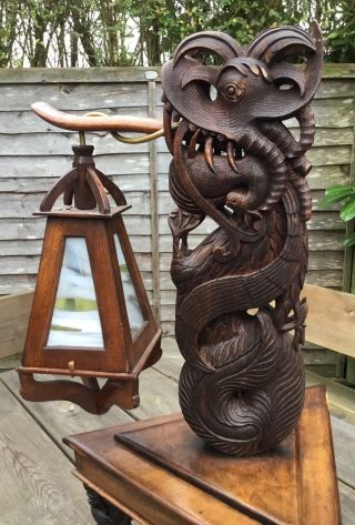 Old Early Mid 20th Century Chinese Exotic Carved Wood Dragon Table Lamp 4