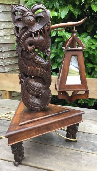 Old Early Mid 20th Century Chinese Exotic Carved Wood Dragon Table Lamp 7