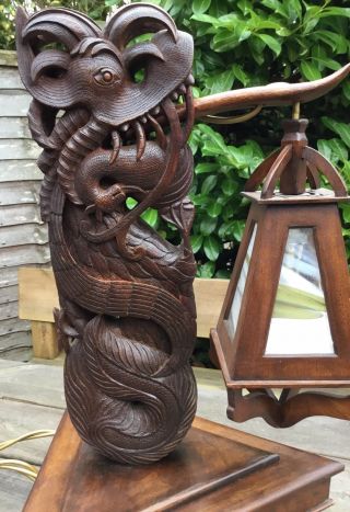 Old Early Mid 20th Century Chinese Exotic Carved Wood Dragon Table Lamp 8