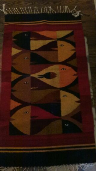 Vintage Mexican Zapotec Fish Eye Wool Rug Loom Wall Hanging Blanket Decor