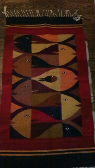 Vintage Mexican Zapotec Fish Eye Wool Rug Loom Wall Hanging Blanket Decor 2