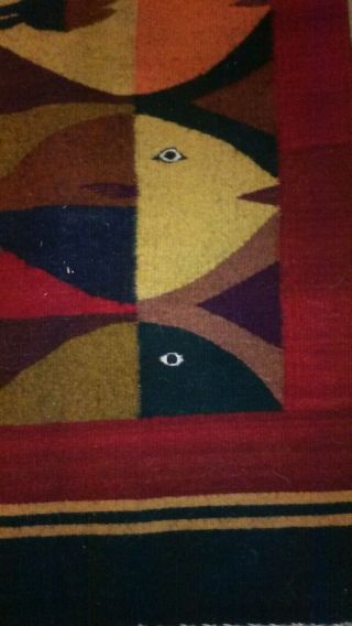 Vintage Mexican Zapotec Fish Eye Wool Rug Loom Wall Hanging Blanket Decor 3
