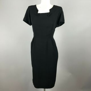 Vtg 40s 50s Womens Black Rayon Short Sleeve Sheath Dress Beaded Neckline Large