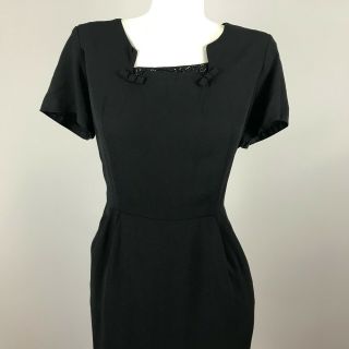 Vtg 40s 50s Womens Black Rayon Short Sleeve Sheath Dress Beaded Neckline Large 3