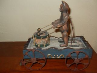 Vtg Antique? Wood Pull Toy Carved Teddy Bear Beating Drum On Cart Folk Art