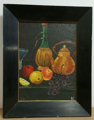 Vintage Still Life In Wide Black Frame W Thin Gold Trim Signed Bc C.  A.  1950s