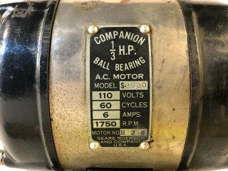 Vintage Sears Companion 1/3 HP Ball Bearing AC Motor - Model S - 3900 4