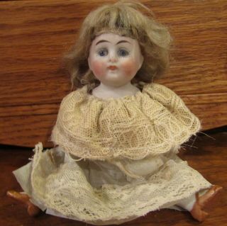 Antique 5 1/2 " All Bisque Factory Prize Baby Doll W/orig Mohair Wig