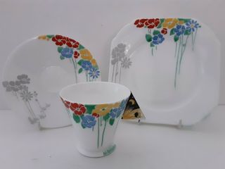 Shelley Art Deco Rare Mode Shape Trio Bright Enameled Flower Design